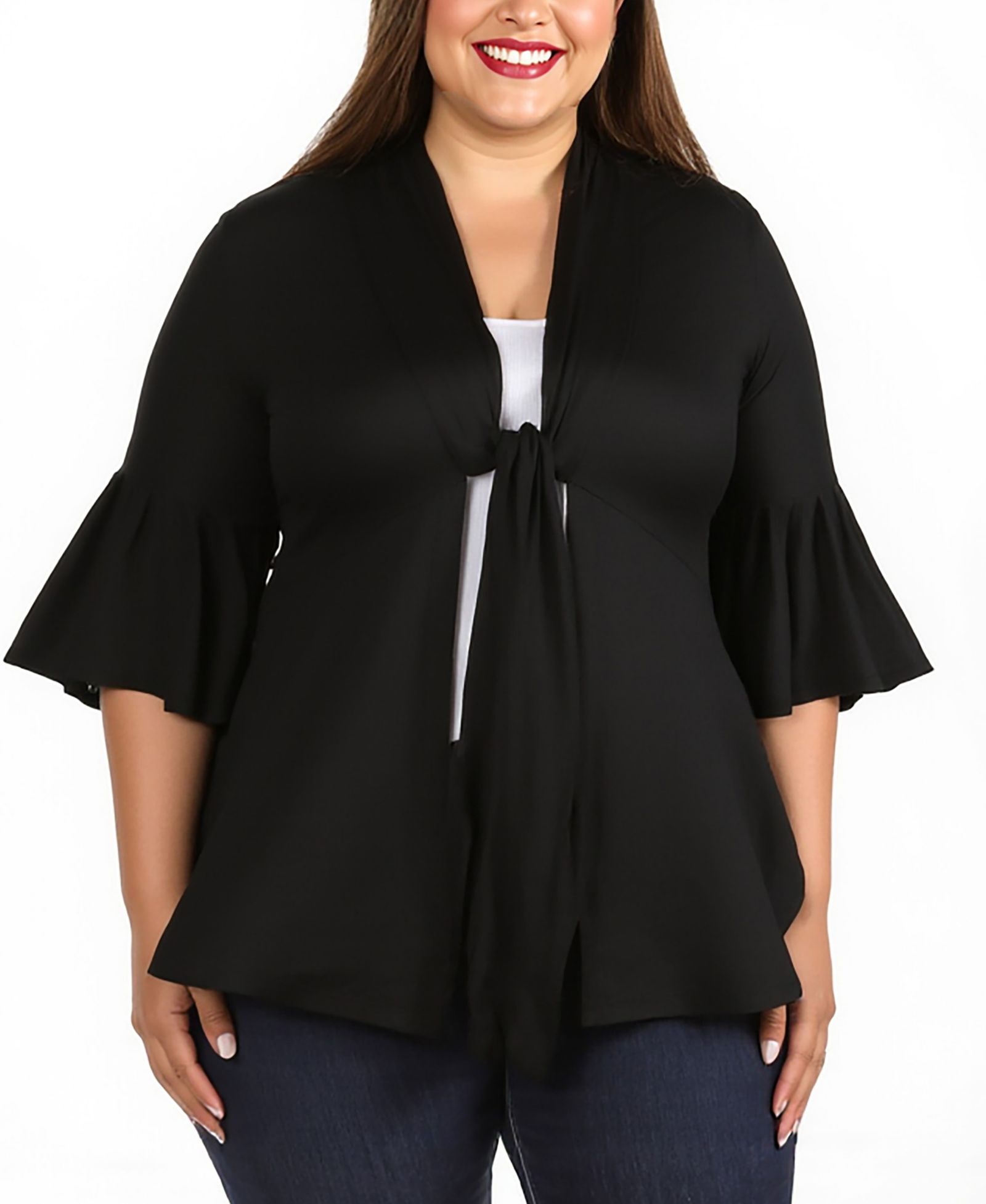 24seven Comfort Apparel Plus Size Tie Front Bell Sleeve Cardigan Jacket