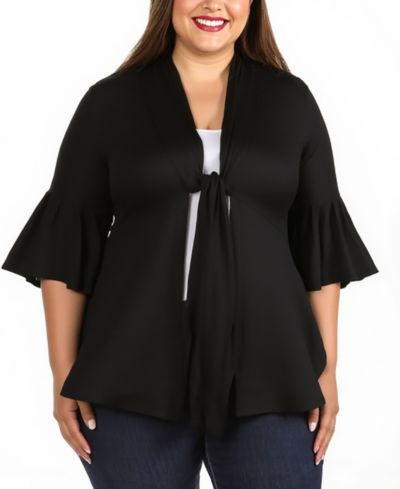 24seven Comfort Apparel Plus Size Tie Front Bell Sleeve Cardigan Jacket