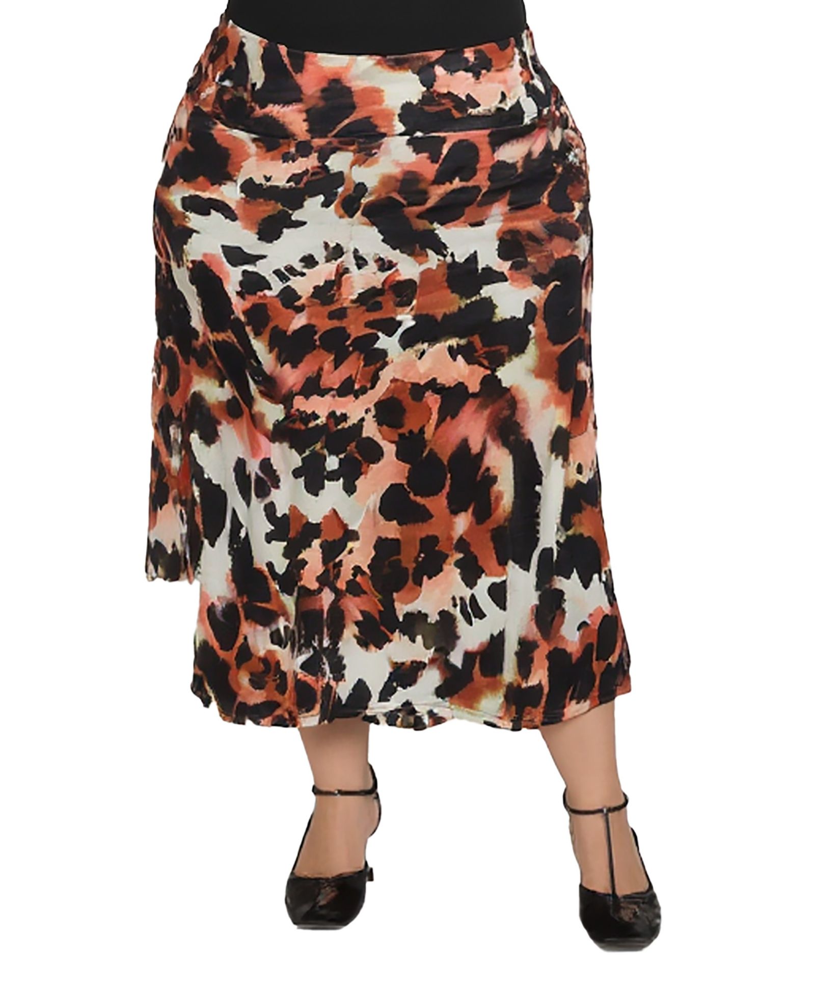 24seven Comfort Apparel Plus Size Animal Print Elastic Waist Midi Skirts