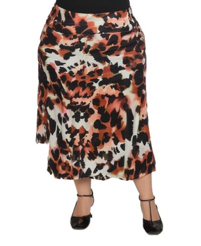 24seven Comfort Apparel Plus Size Animal Print Elastic Waist Midi Skirts