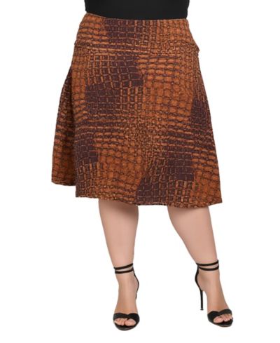 24seven Comfort Apparel Plus Size Brown Geometric Print Midi Skirts