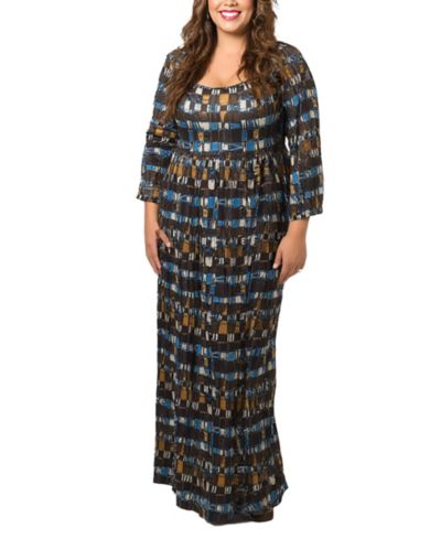 24seven Comfort Apparel Plus Size Brown Geometric Print 3/4 Sleeve Dress