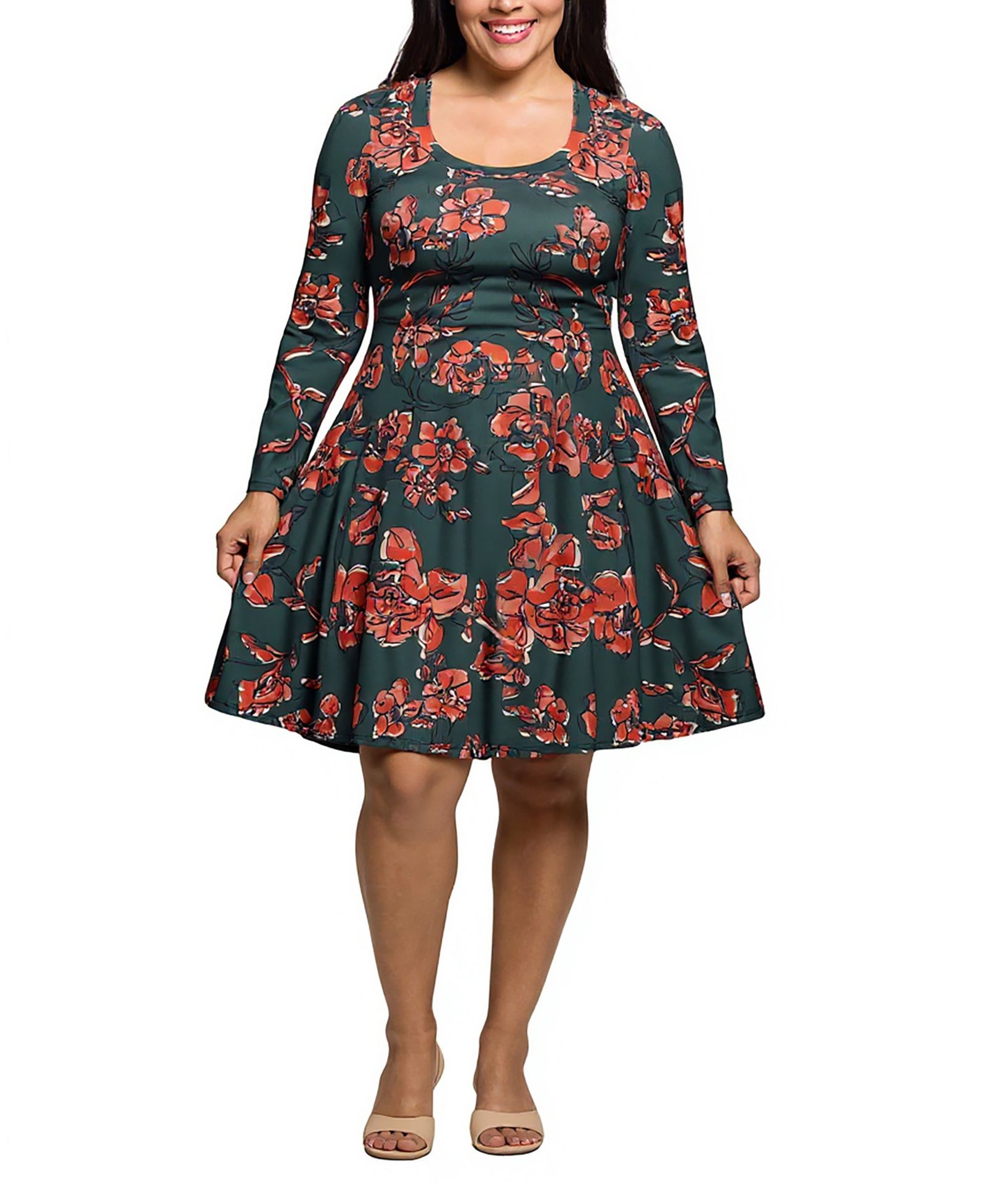 24seven Comfort Apparel Plus Size Long Sleeve Fit and Flare Dress