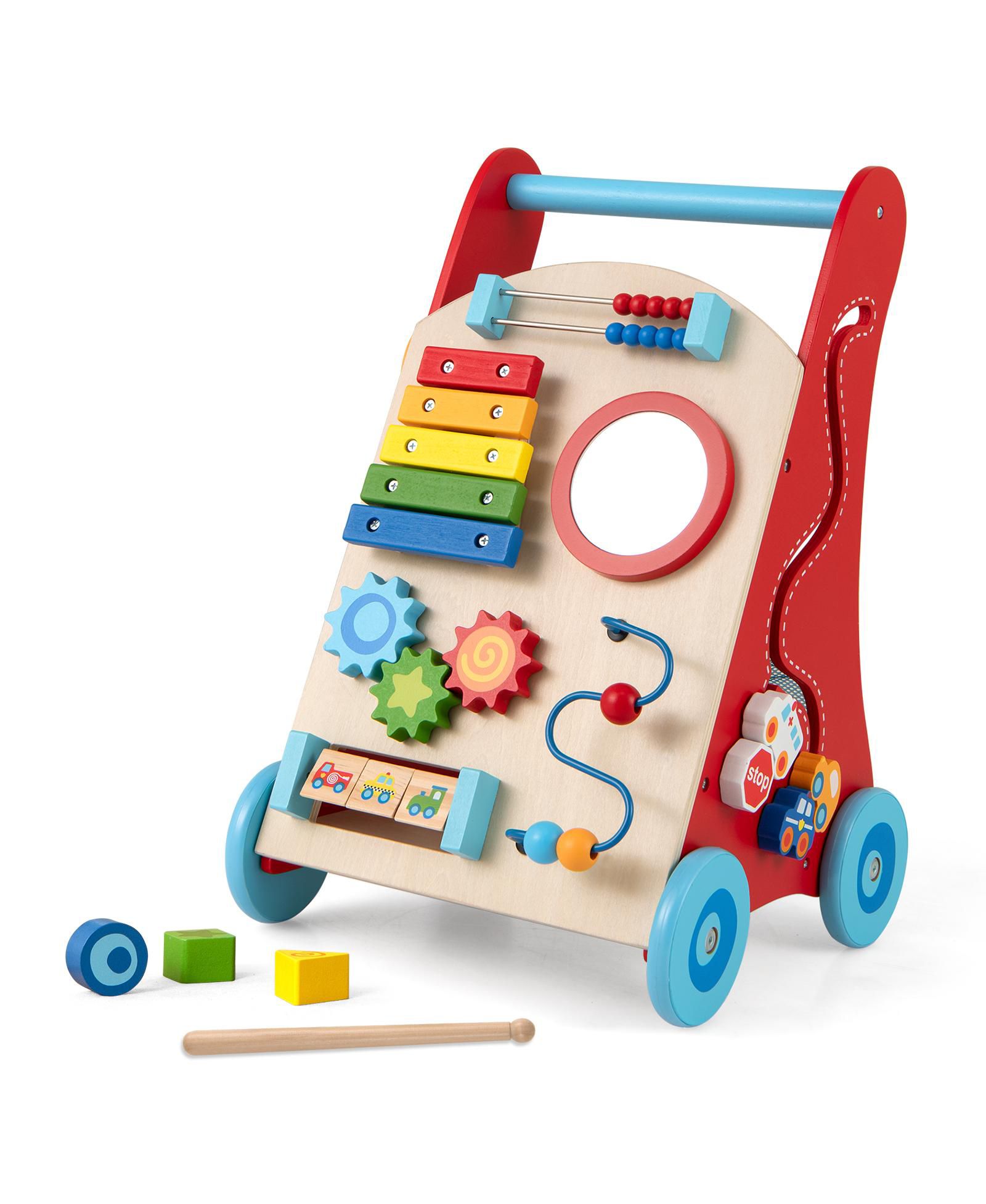 Gymax Wooden Baby Walker Baby Push Walker w/ Handle Storage and Wheels Walker Toy