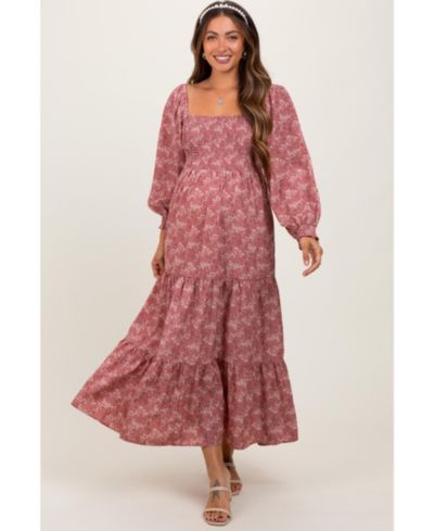 Pinkblush Women's Mauve Floral Smocked Square Neck Maxi Dress