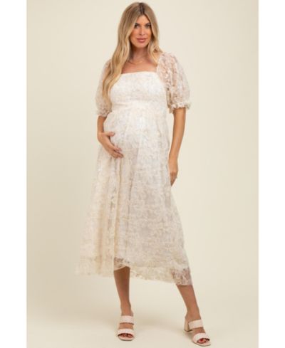 Pinkblush Women's Cream Floral Mesh Overlay Tie Back Midi Dress
