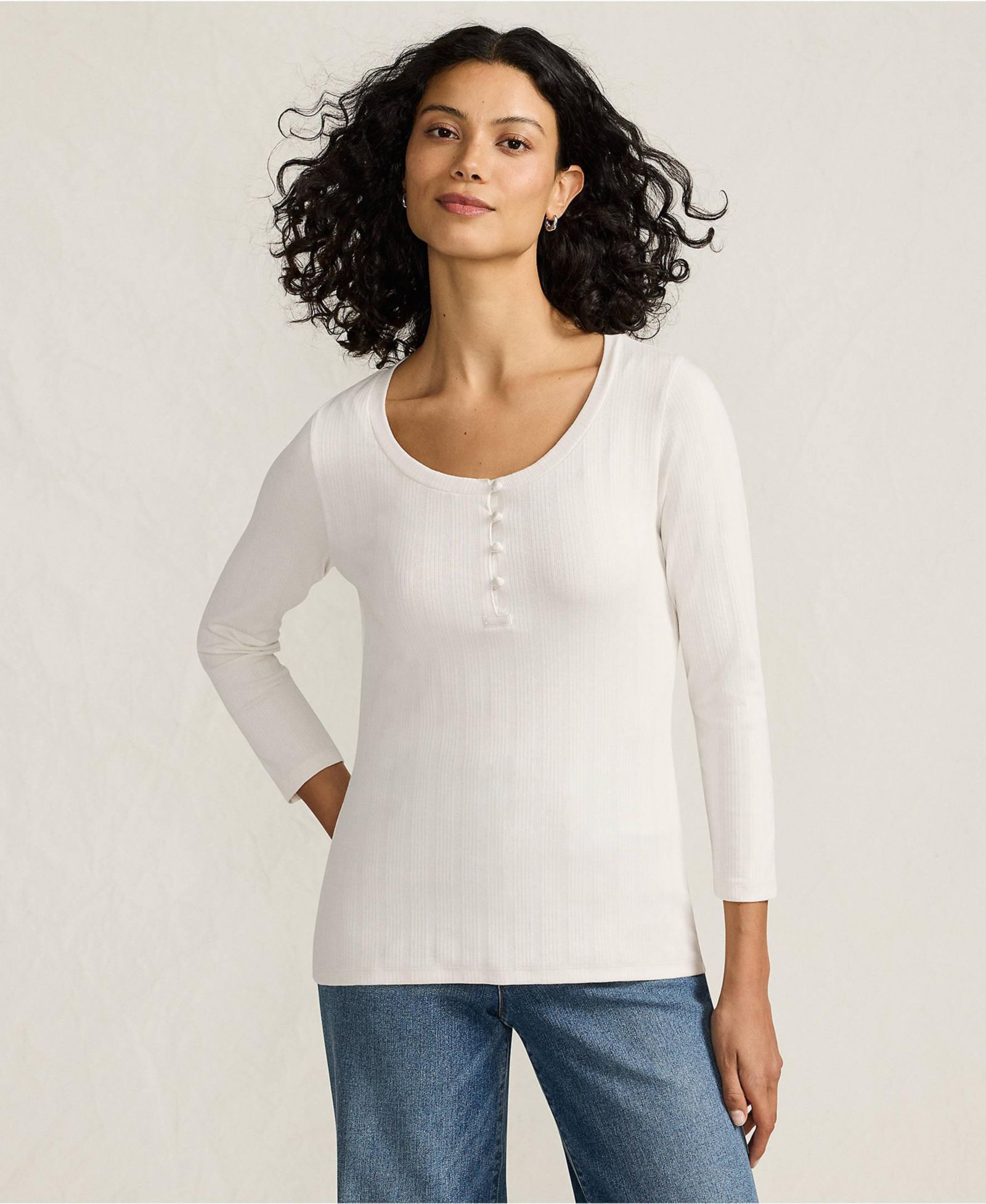 Lands' End Women's 3/4 Sleeve Variegated Micro Rib Henley
