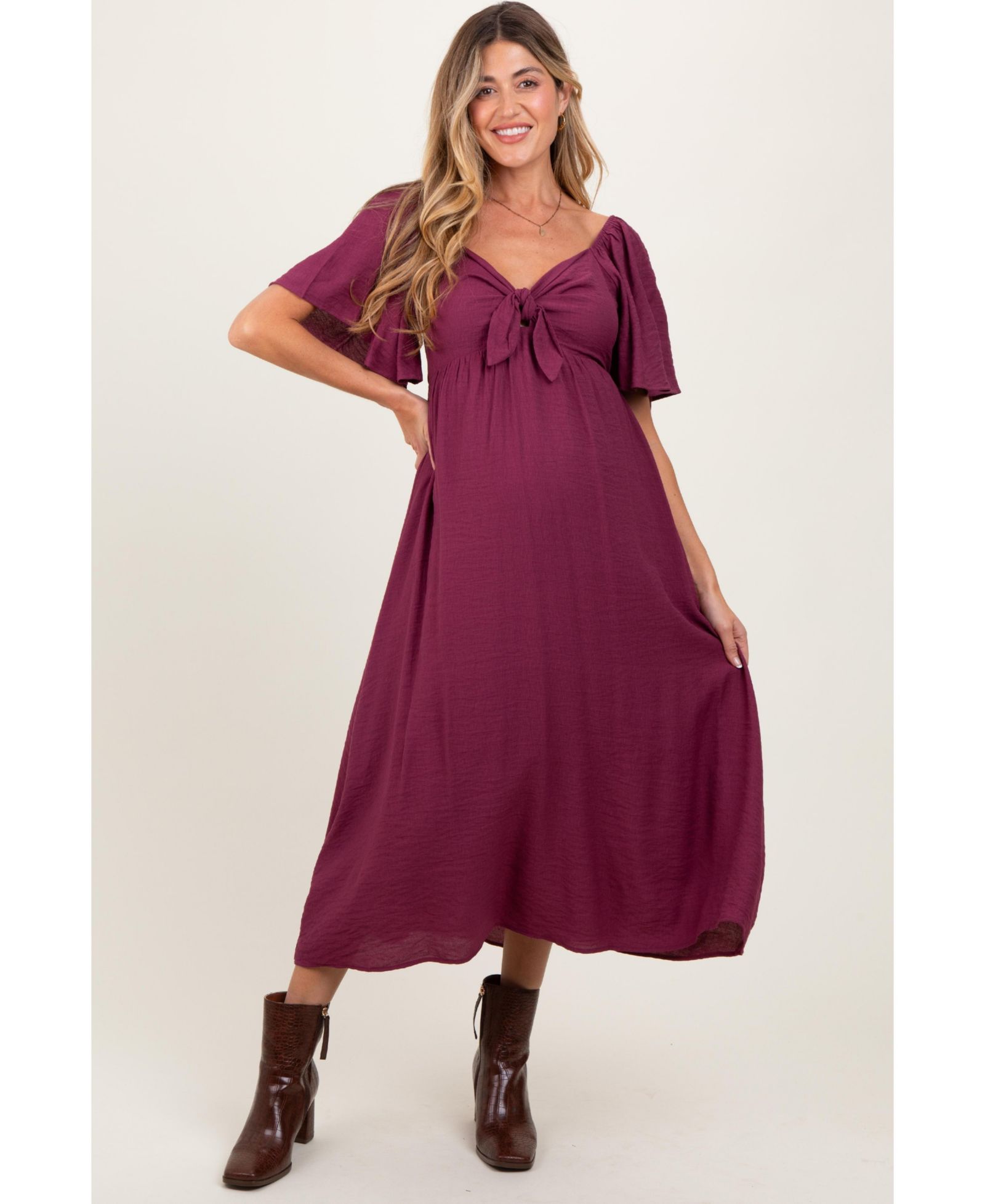 Pinkblush Women's Lavender Front Tie Ruffle Sleeve Midi Dress