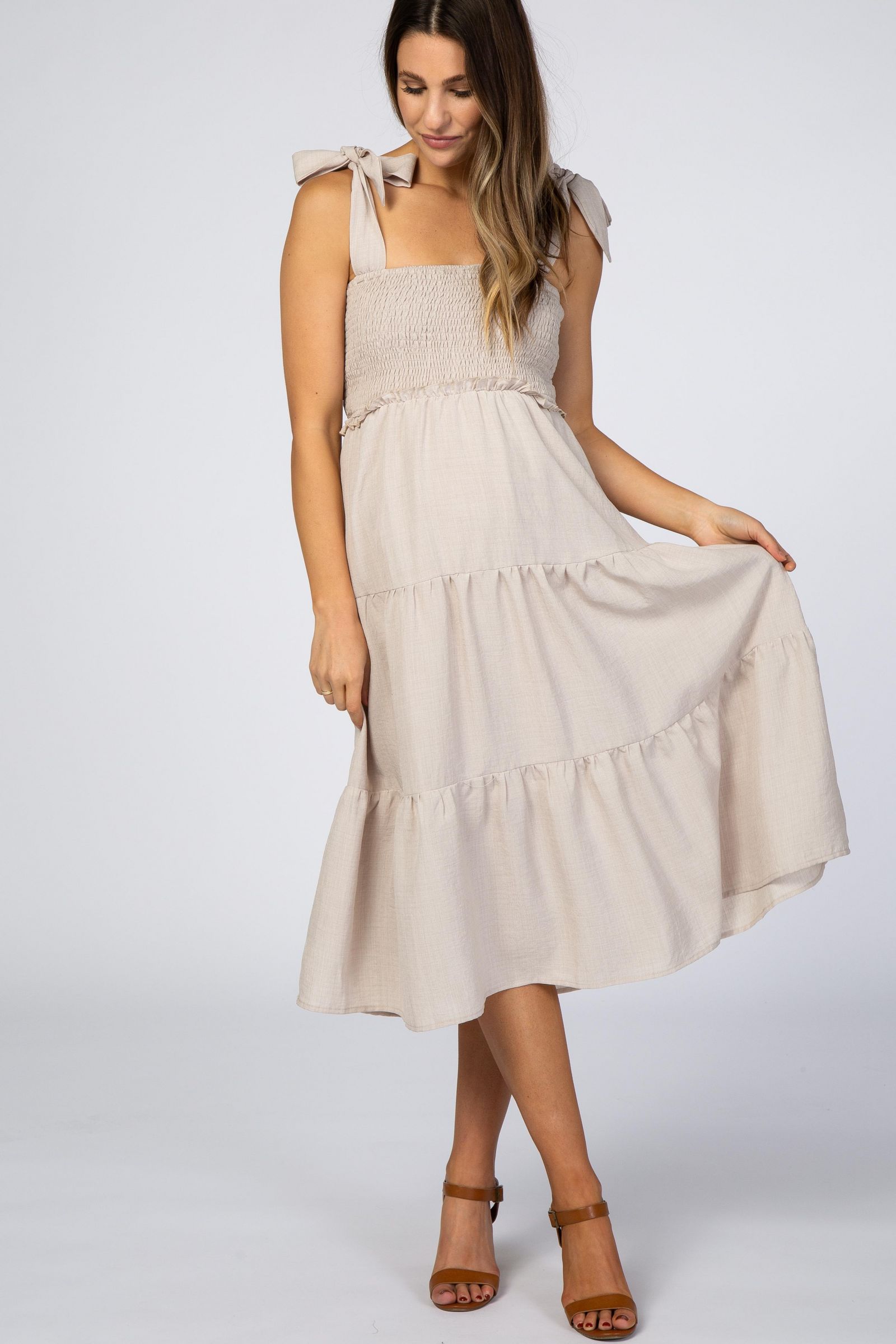 Pinkblush Women's Rust Bow Strap Tiered Midi Dress