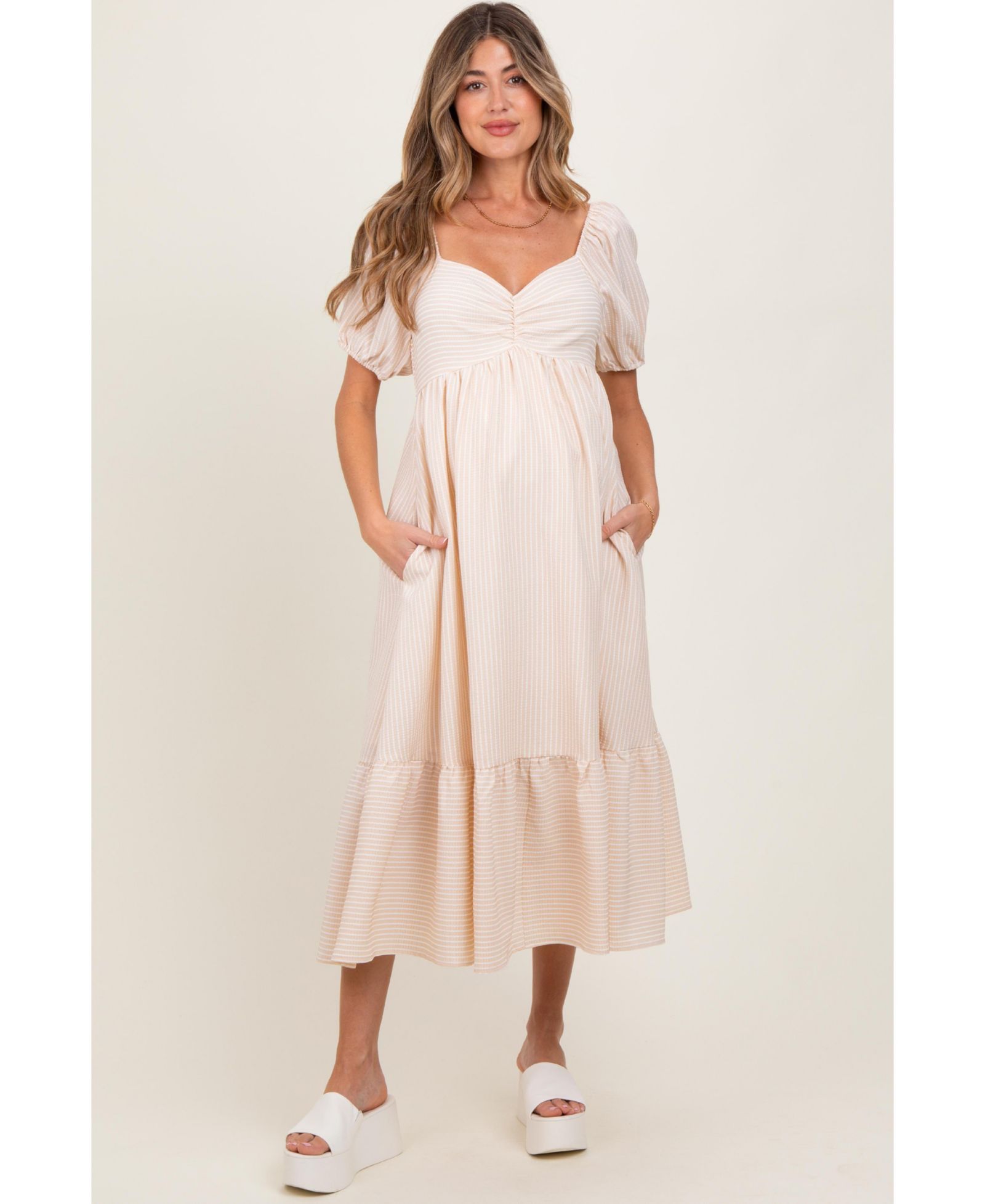 Pinkblush Women's Beige Sweetheart Stripe Smocked Back Midi Dress
