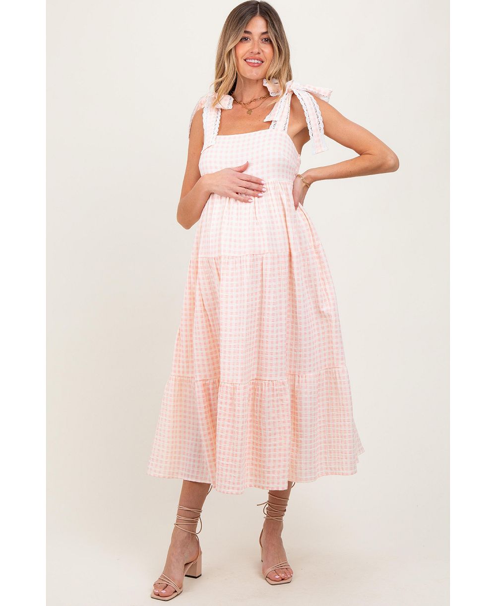 Pinkblush Women's Light Pink Gingham Lace Trim Shoulder Tie Maxi Dress