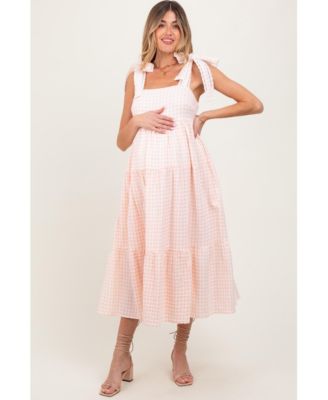 Pinkblush Women's Light Pink Gingham Lace Trim Shoulder Tie Maxi Dress