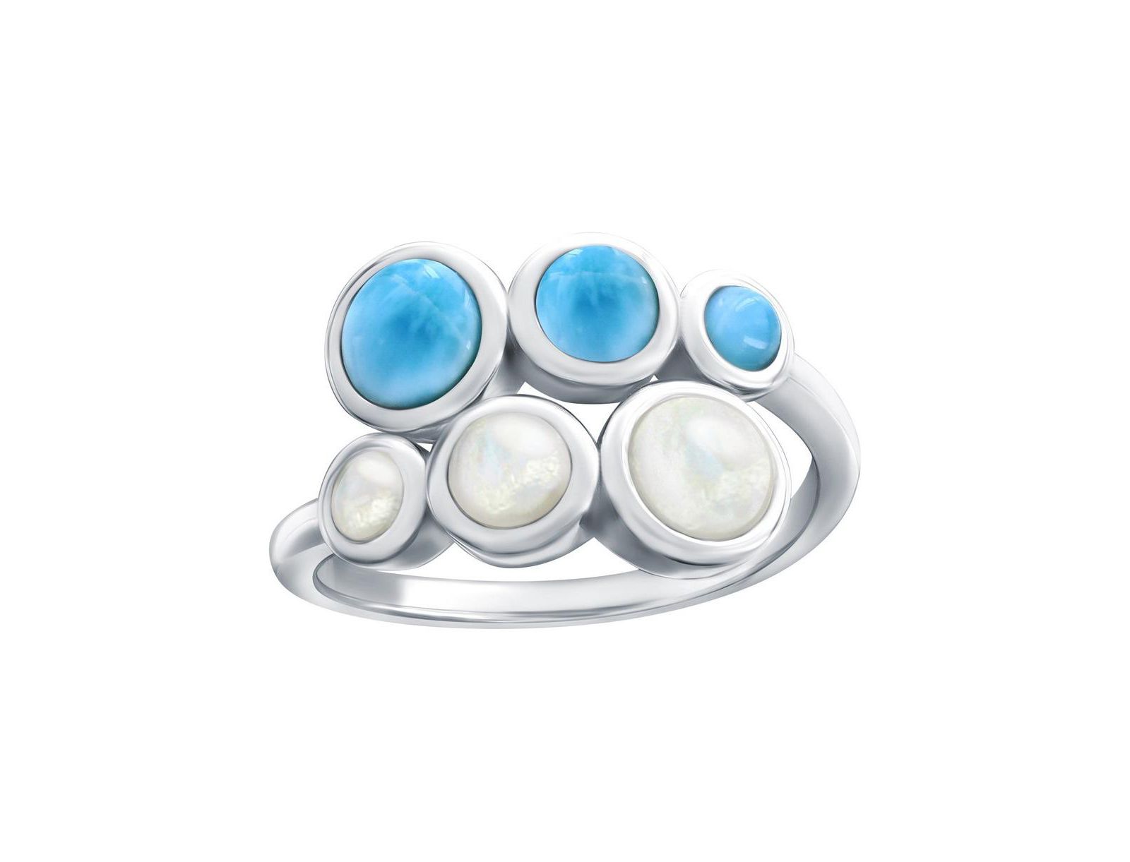 Sterling Silver, Graduating Round MOP & Larimar Bypass Ring