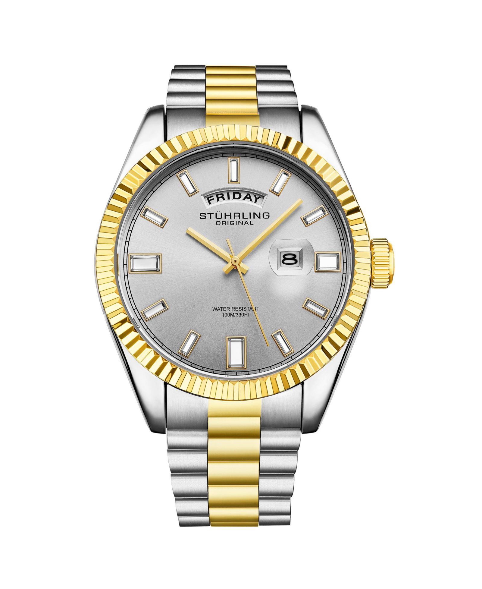 Stuhrling Statesman 4070 Men s Watch – Two-Tone Bracelet, Silver Dial, Day-Date Quartz, 42mm Fluted Bezel