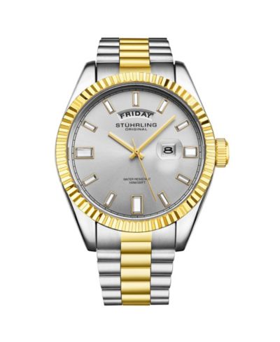 Мужские часы Stuhrling Statesman 4070 с двухцветным браслетом, серебристым циферблатом и безелем fluted 42mm