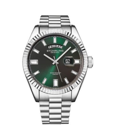 Мужские часы Stuhrling Statesman 4070, стальной браслет, зеленый циферблат, кварцевые, 42mm Fluted Bezel