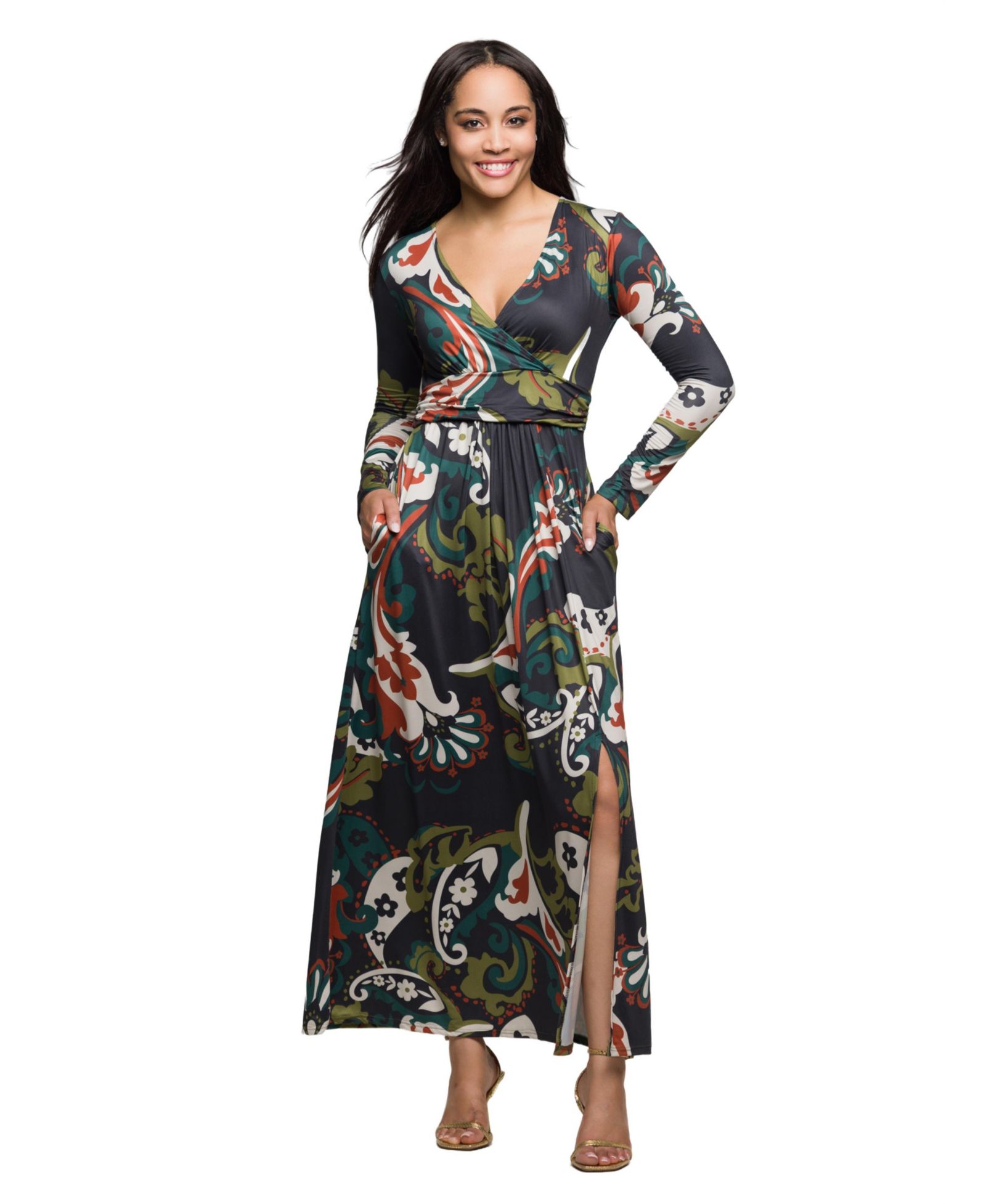 Женское длинное платье 24seven Comfort Apparel Green Paisley Print Long Sleeve Wrap Maxi Dress