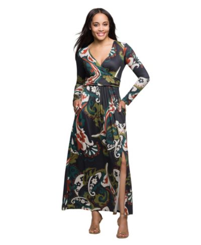 24seven Comfort Apparel Women's Green Paisley Print Long Sleeve Wrap Maxi Dress