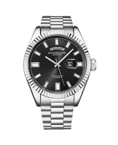 Мужские часы Stuhrling Statesman 4070 — стальной браслет, черный циферблат, Day-Date Quartz, 42mm с рифленым безелем