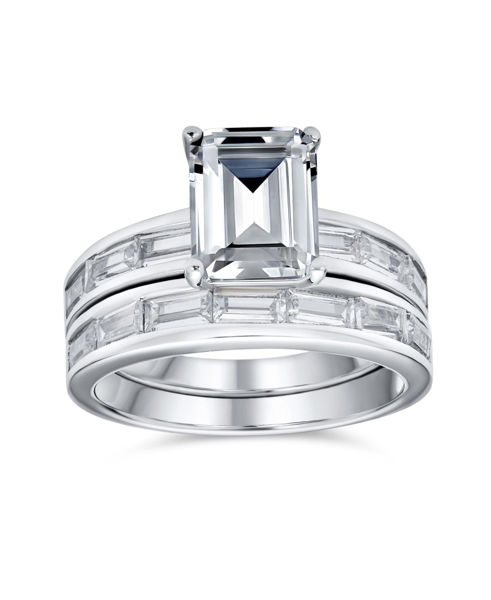 Bling Jewelry Art Deco Style 2CT CZ Emerald Cut and Channel Baguette Band Engagement Ring Set in Sterling Silver