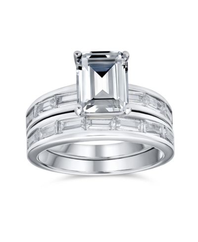 Bling Jewelry Art Deco Style 2CT CZ Emerald Cut and Channel Baguette Band Engagement Ring Set in Sterling Silver