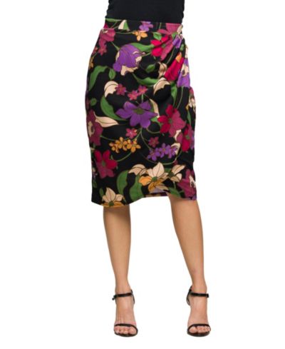 24seven Comfort Apparel Women's Black Multi Floral Print Midi Pencil Skirt