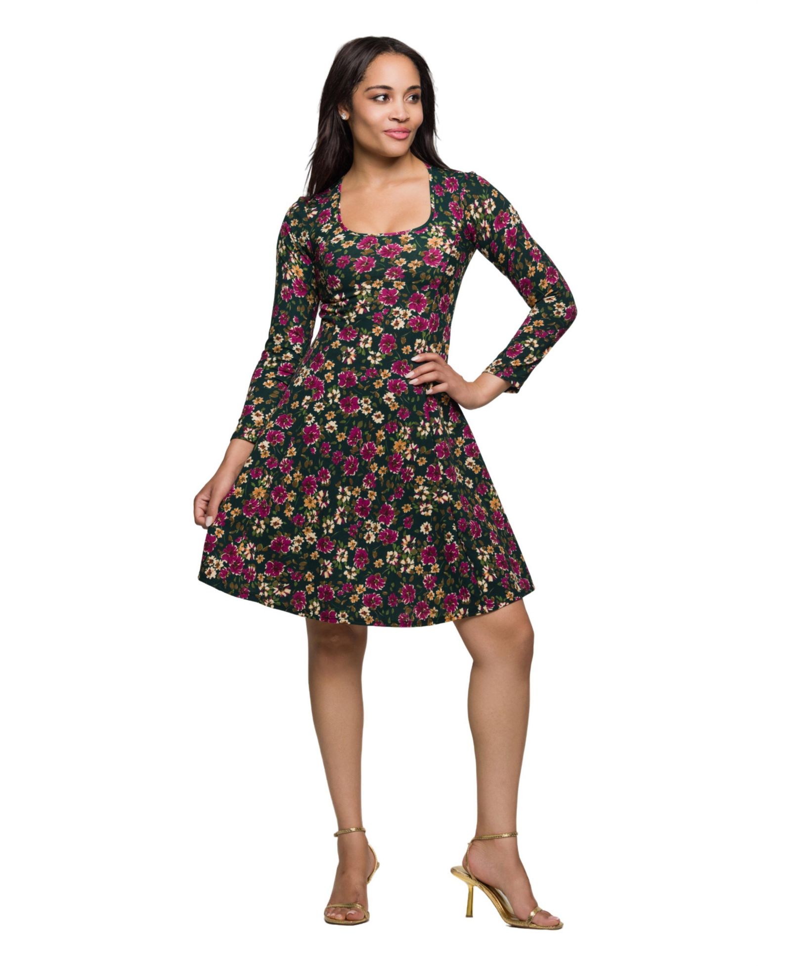 24seven Comfort Apparel Women's Floral Print Long Sleeve Fit and Flare Mini Dress