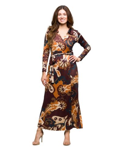 24seven Comfort Apparel Women's Brown Paisley Belt Waist Maxi Dress