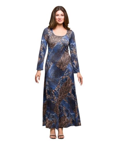 Женское платье 24seven Comfort Apparel Blue Animal Print Long Sleeve Scoop Neck Maxi