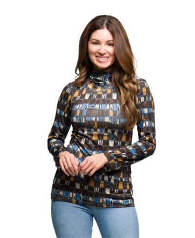 24seven Comfort Apparel Women's Mock Neck Long Sleeve Printed Top