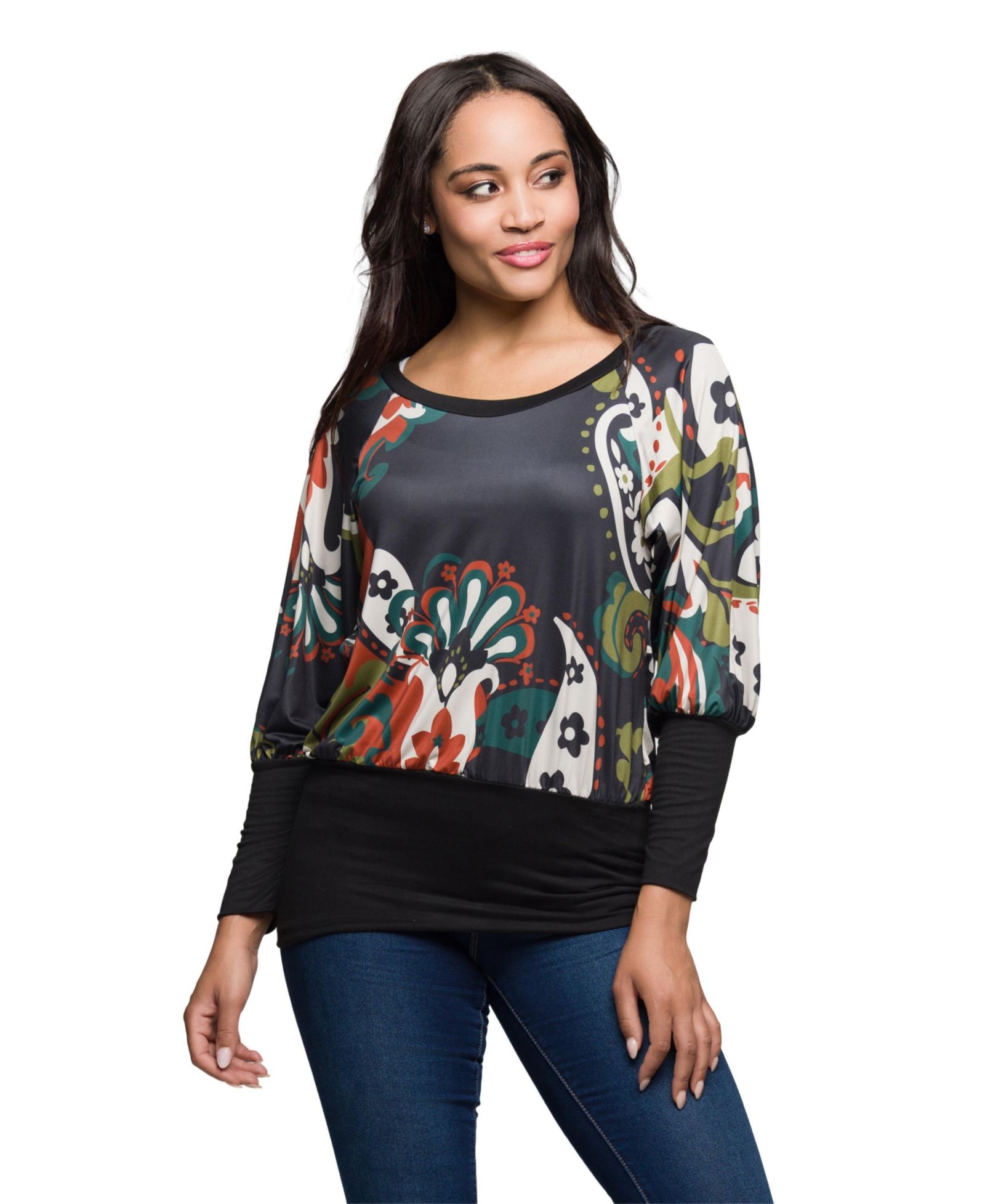 24seven Comfort Apparel Women's Paisley Multicolor Print Dolman Sleeve Banded Top