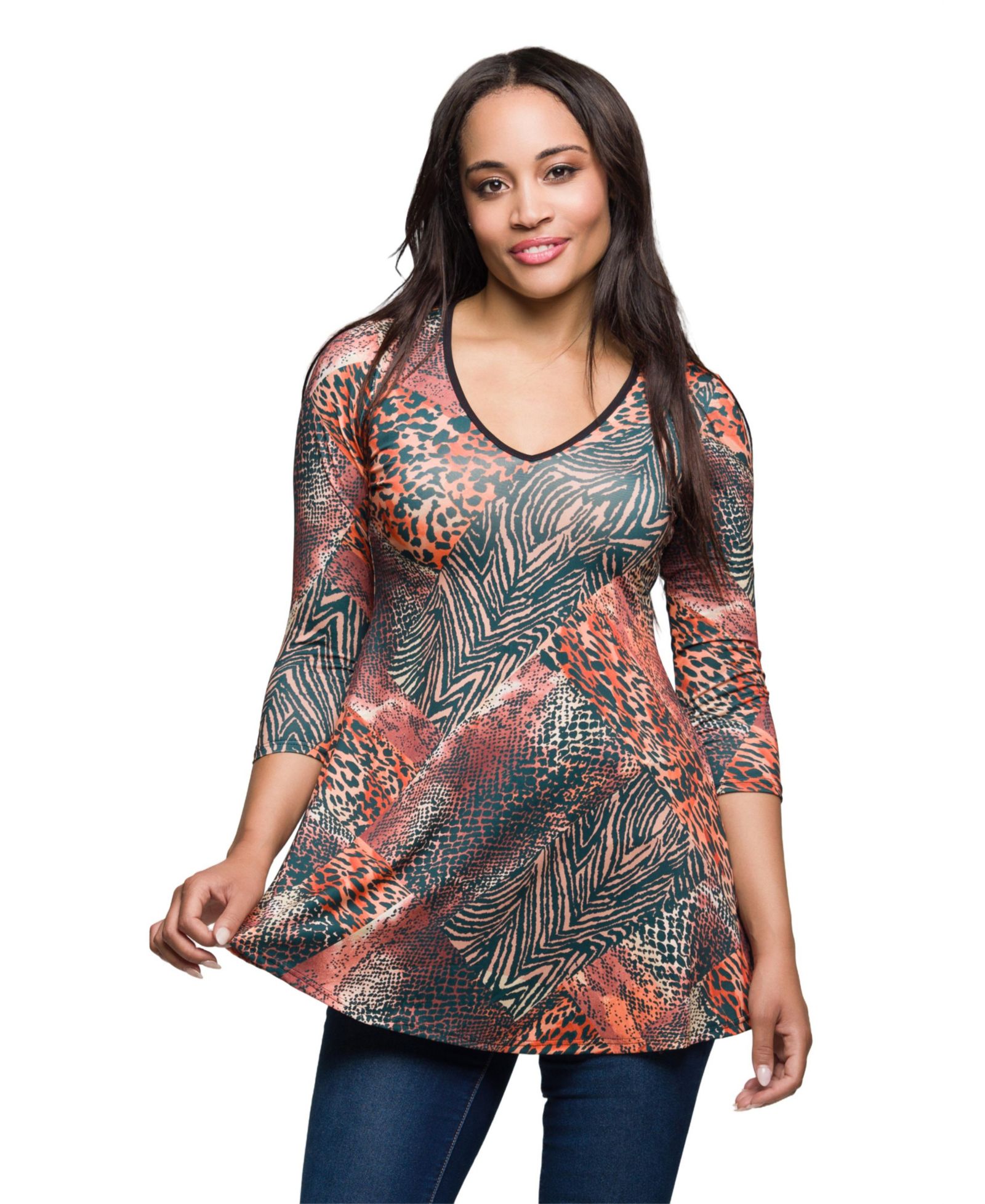 Женский туник-топ 24seven Comfort Apparel Animal Print V Neck Three Quarter Sleeve