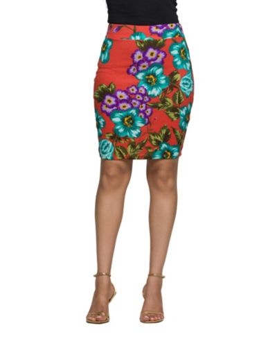 24seven Comfort Apparel Women's Orange Floral Print Knee Length Pencil Skirt