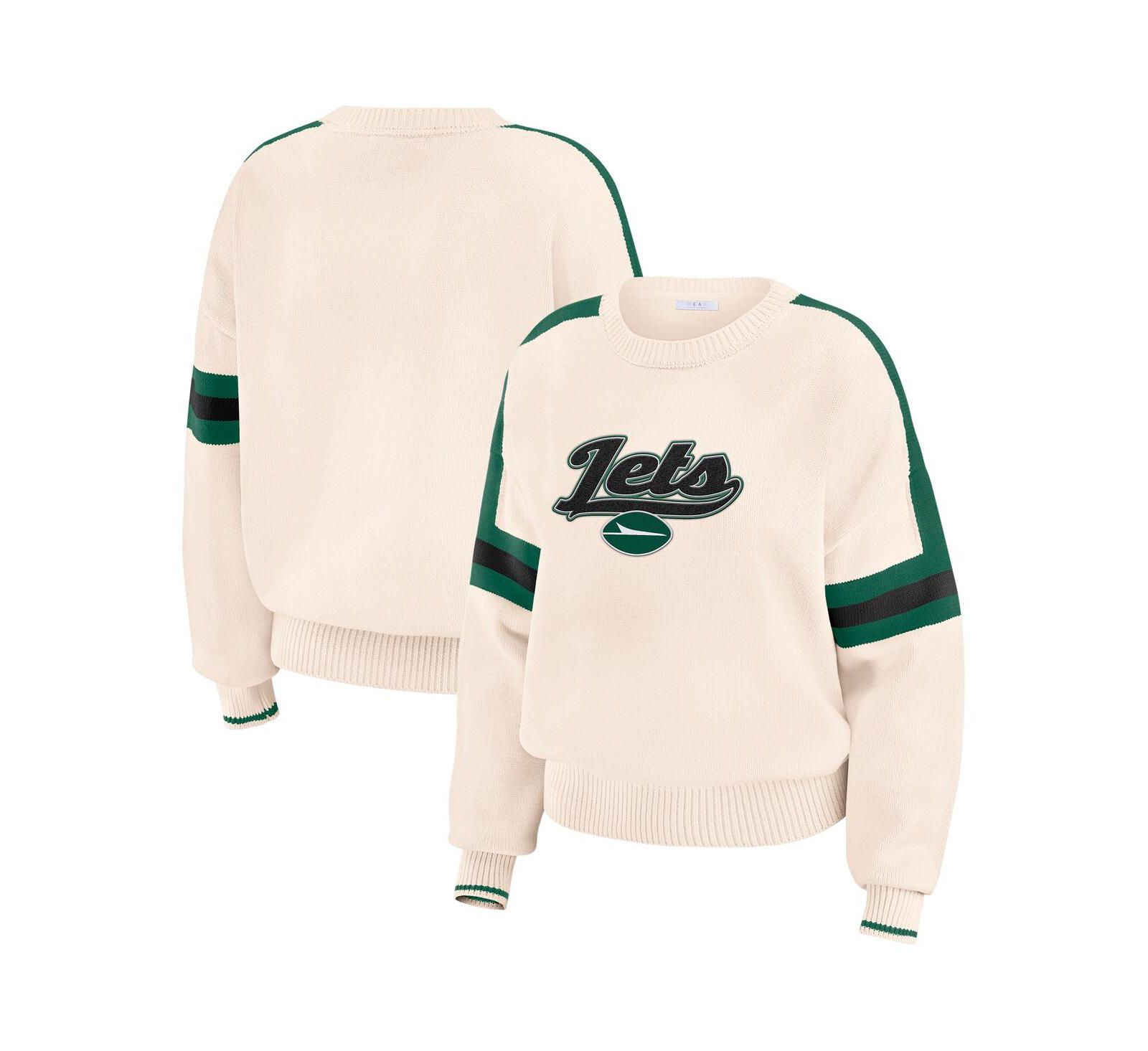 WEAR by Erin Andrews Women's Cream New York Jets Stripe Pullover Sweater