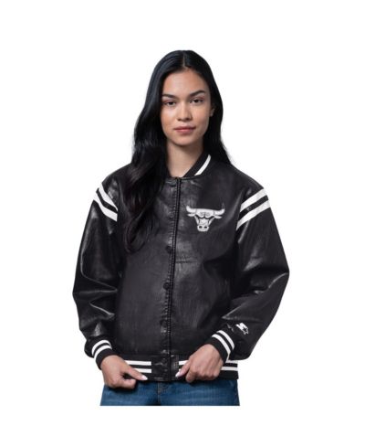 Starter Women's Black Chicago Bulls High Heat Leather Varsity Full-Snap Jacket