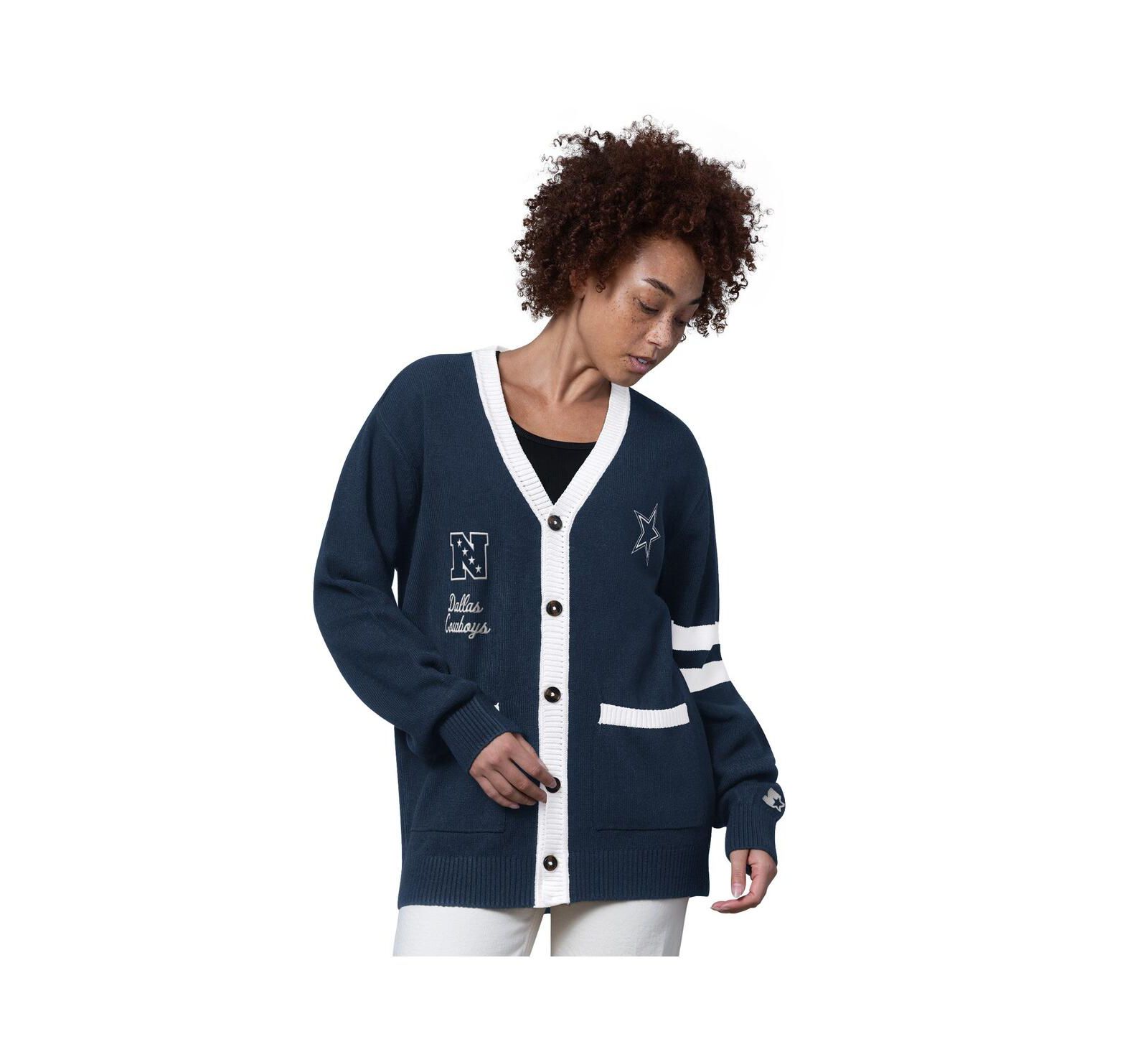 Starter Women's Navy Dallas Cowboys Back Shot Button-Up Cardigan Sweater