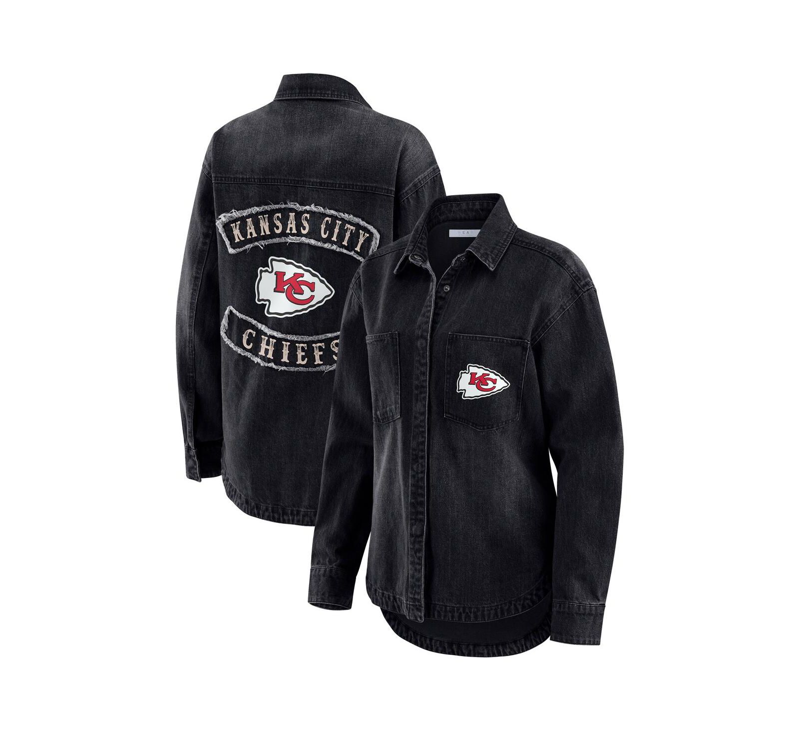 Женская джинсовая рубашка-куртка WEAR by Erin Andrews Black Kansas City Chiefs Washed Oversized Full-Snap