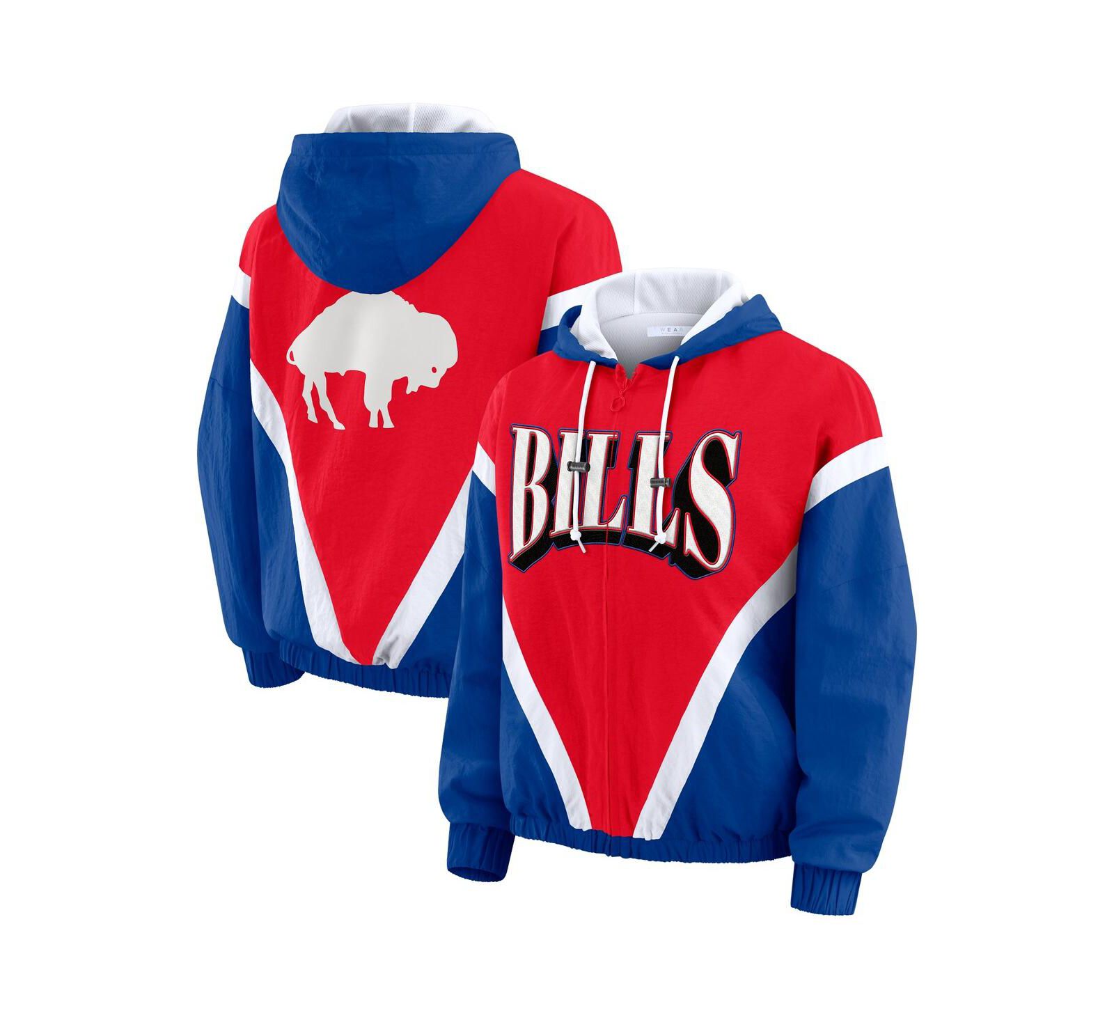 WEAR by Erin Andrews Women's Red/Royal Buffalo Bills Retro Crinkle Full-Zip Hoodie Windbreaker Jacket