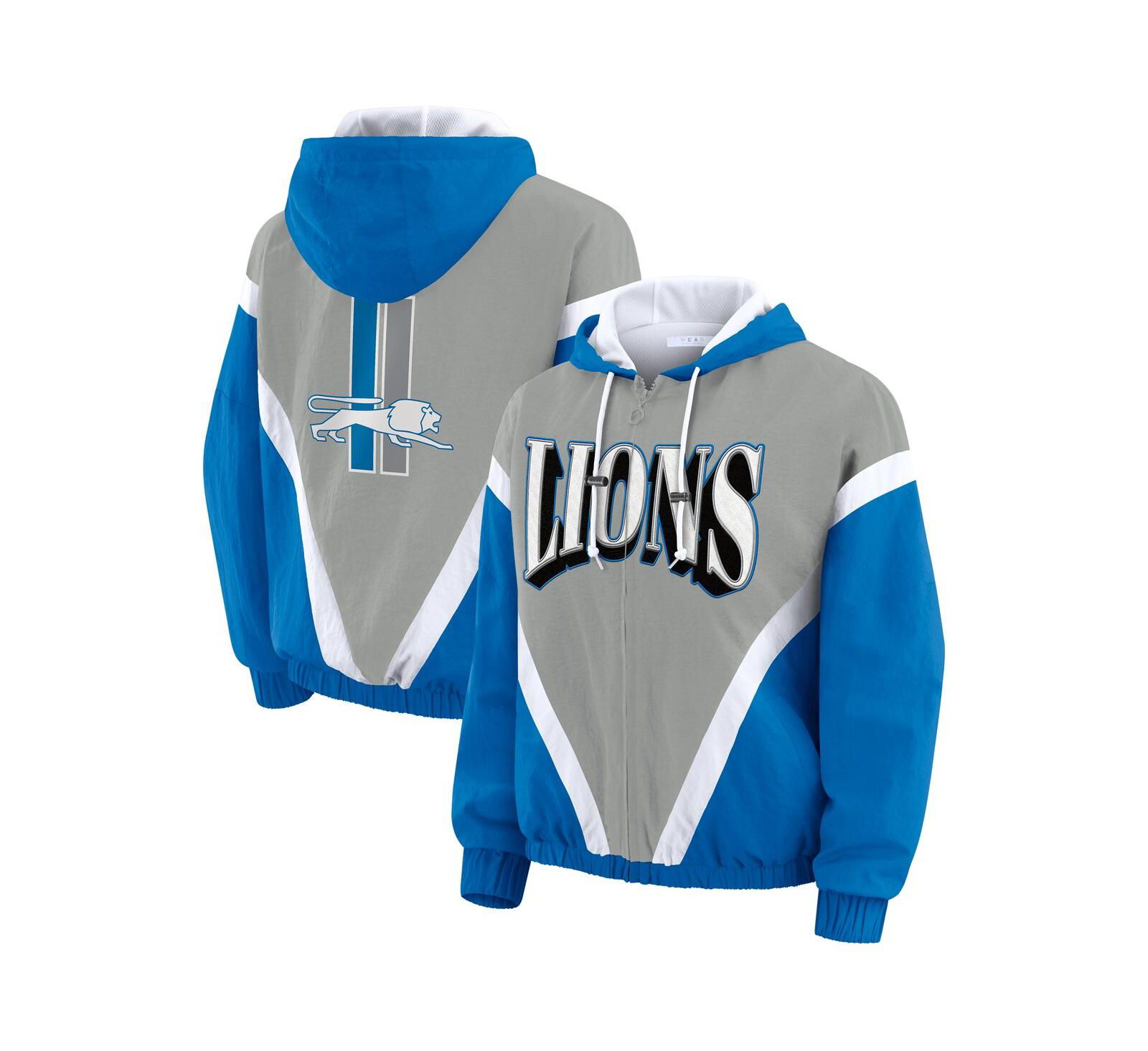 WEAR by Erin Andrews Women's Blue/Silver Detroit Lions Retro Crinkle Full-Zip Hoodie Windbreaker Jacket