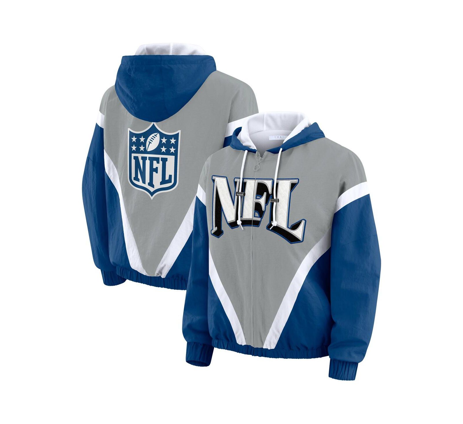 WEAR by Erin Andrews Women's Silver/Blue Shield Merchandise Retro Crinkle Full-Zip Hoodie Windbreaker Jacket
