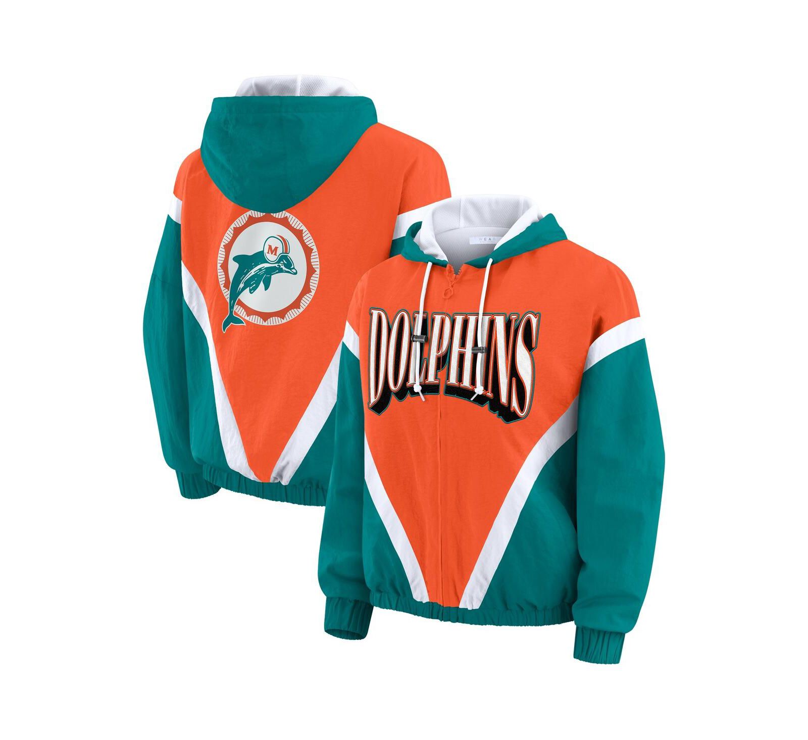 WEAR by Erin Andrews Women's Orange/Aqua Miami Dolphins Retro Crinkle Full-Zip Hoodie Windbreaker Jacket