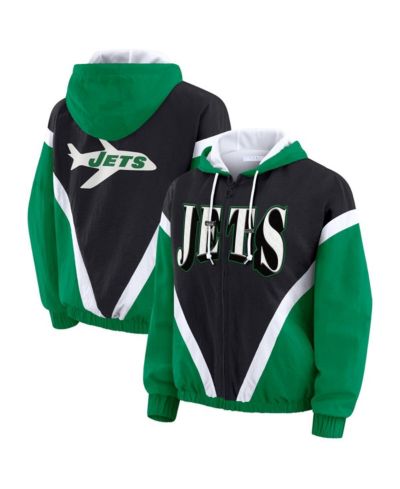 WEAR by Erin Andrews Women's Kelly Green/Black New York Jets Retro Crinkle Full-Zip Hoodie Windbreaker Jacket