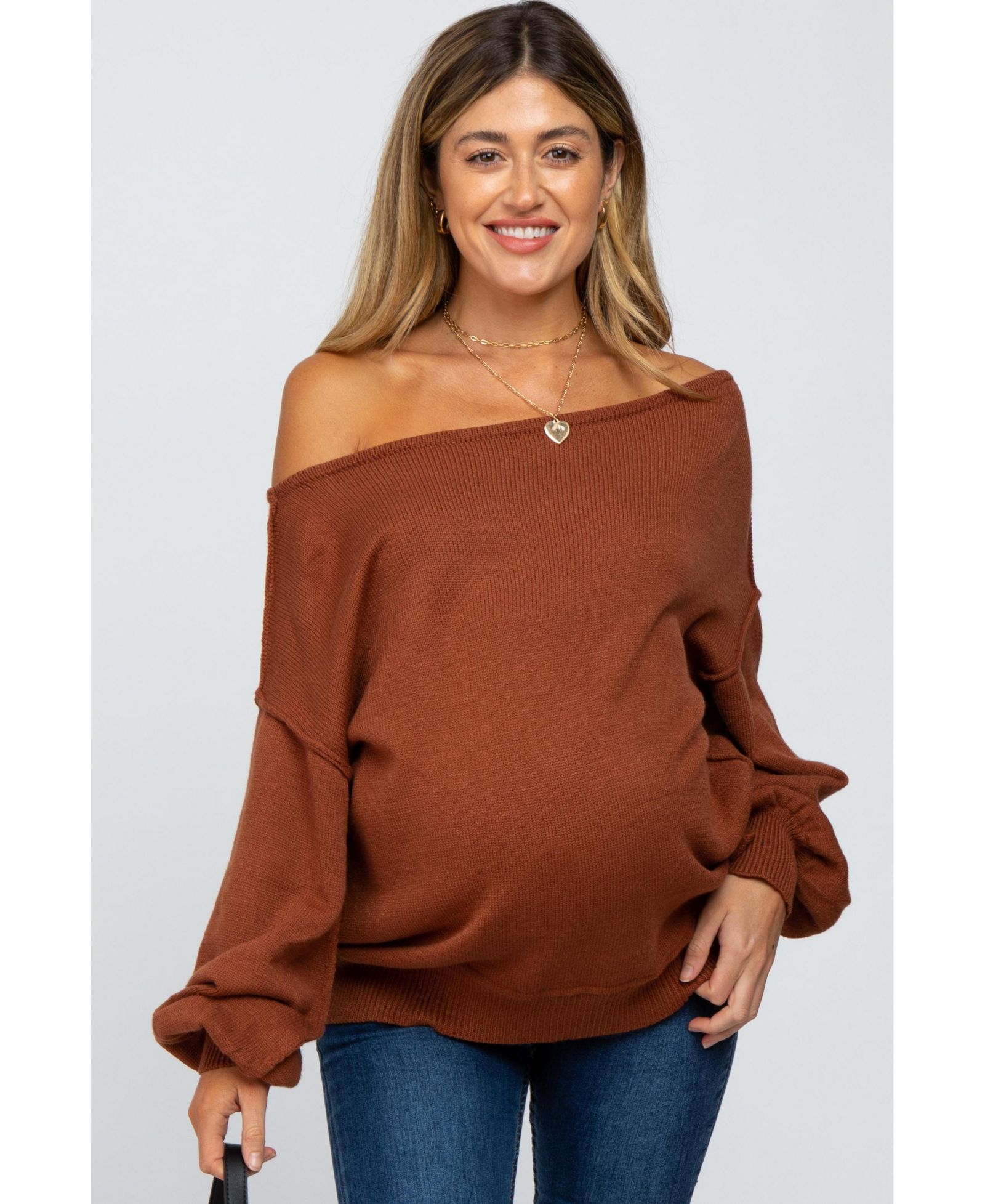 Pinkblush Women's Camel Boat Neck Bubble Sleeve Sweater