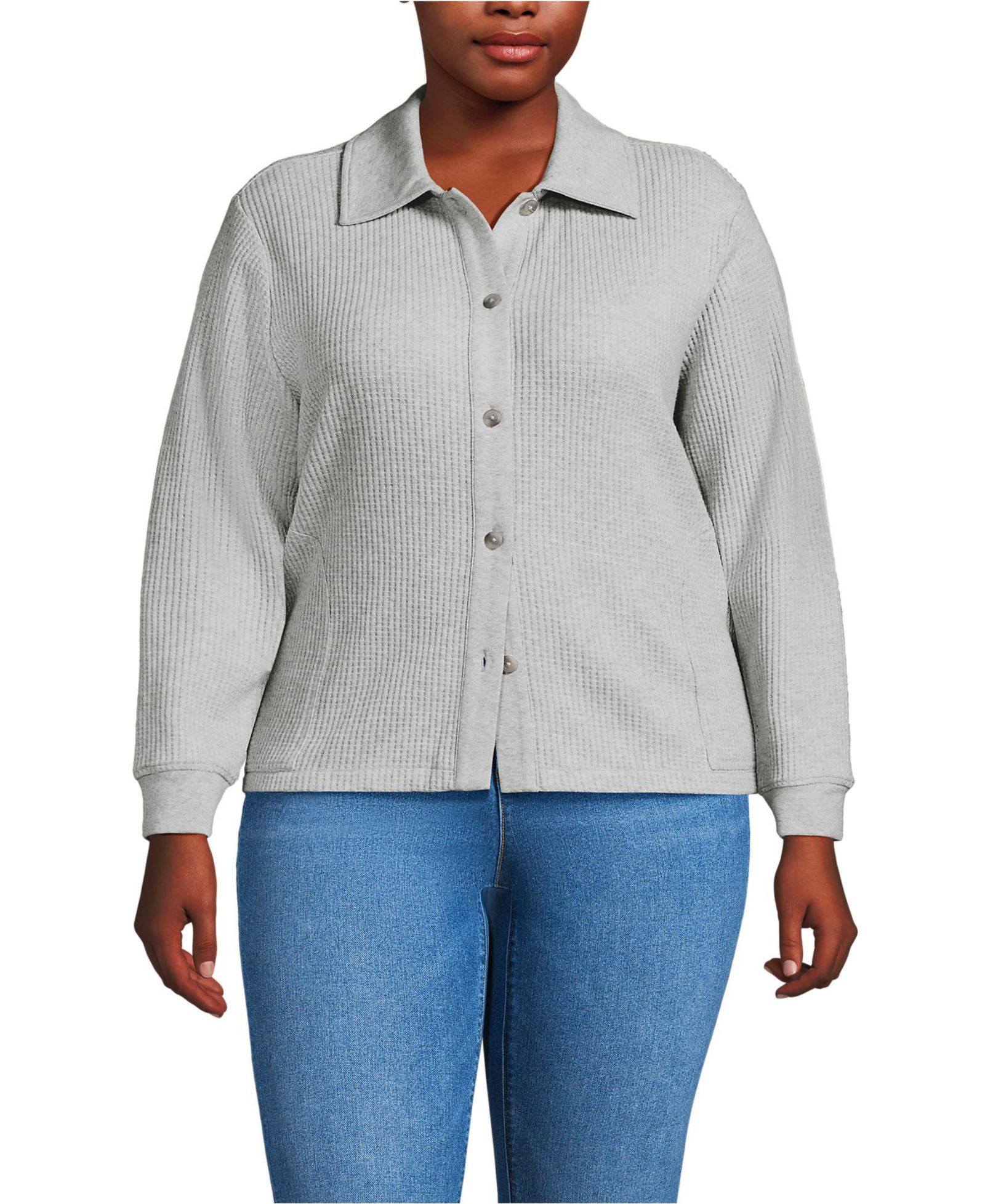 Lands' End Plus Size Long Sleeve Waffle Collared Shacket