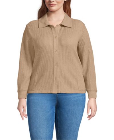 Lands' End Plus Size Long Sleeve Waffle Collared Shacket