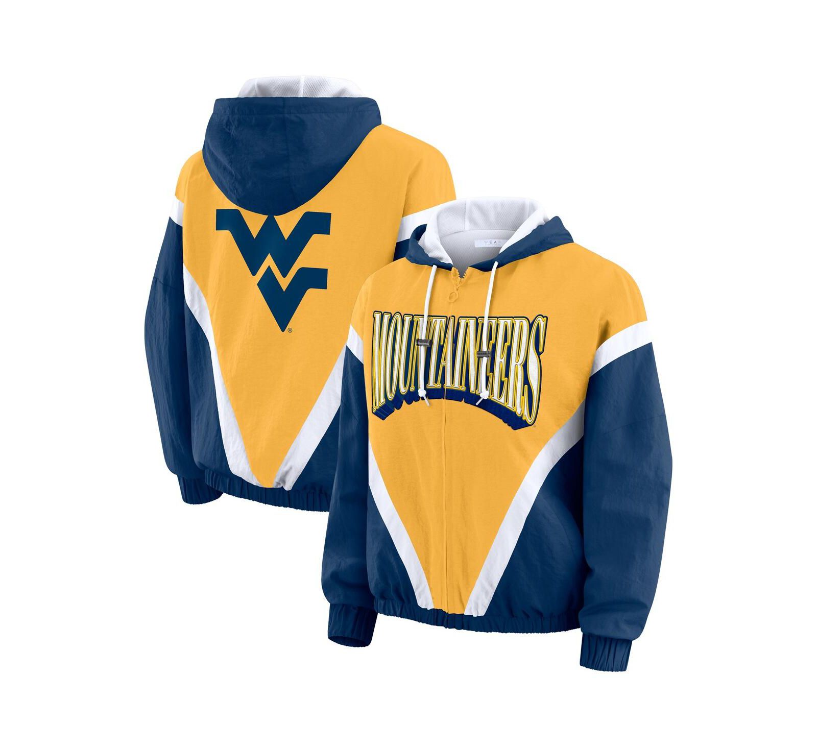 WEAR by Erin Andrews Women's Navy/Gold West Virginia Mountaineers Color Block Full-Zip Hoodie Windbreaker Jacket