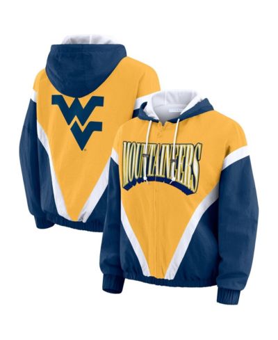 WEAR by Erin Andrews Women's Navy/Gold West Virginia Mountaineers Color Block Full-Zip Hoodie Windbreaker Jacket