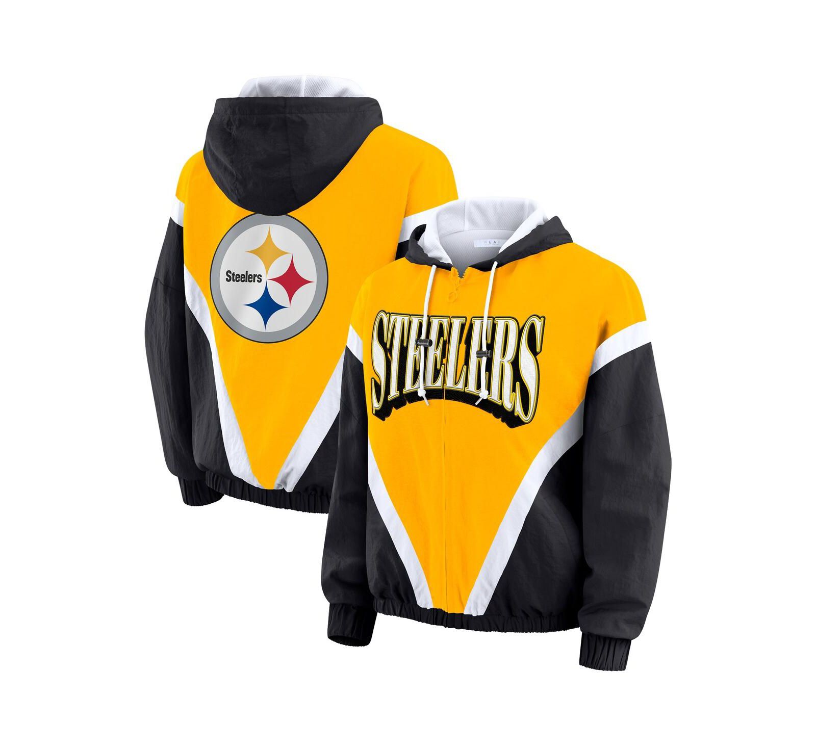 Женская ветровка WEAR by Erin Andrews Gold/Black Pittsburgh Steelers Plus Size Retro Crinkle Full-Zip