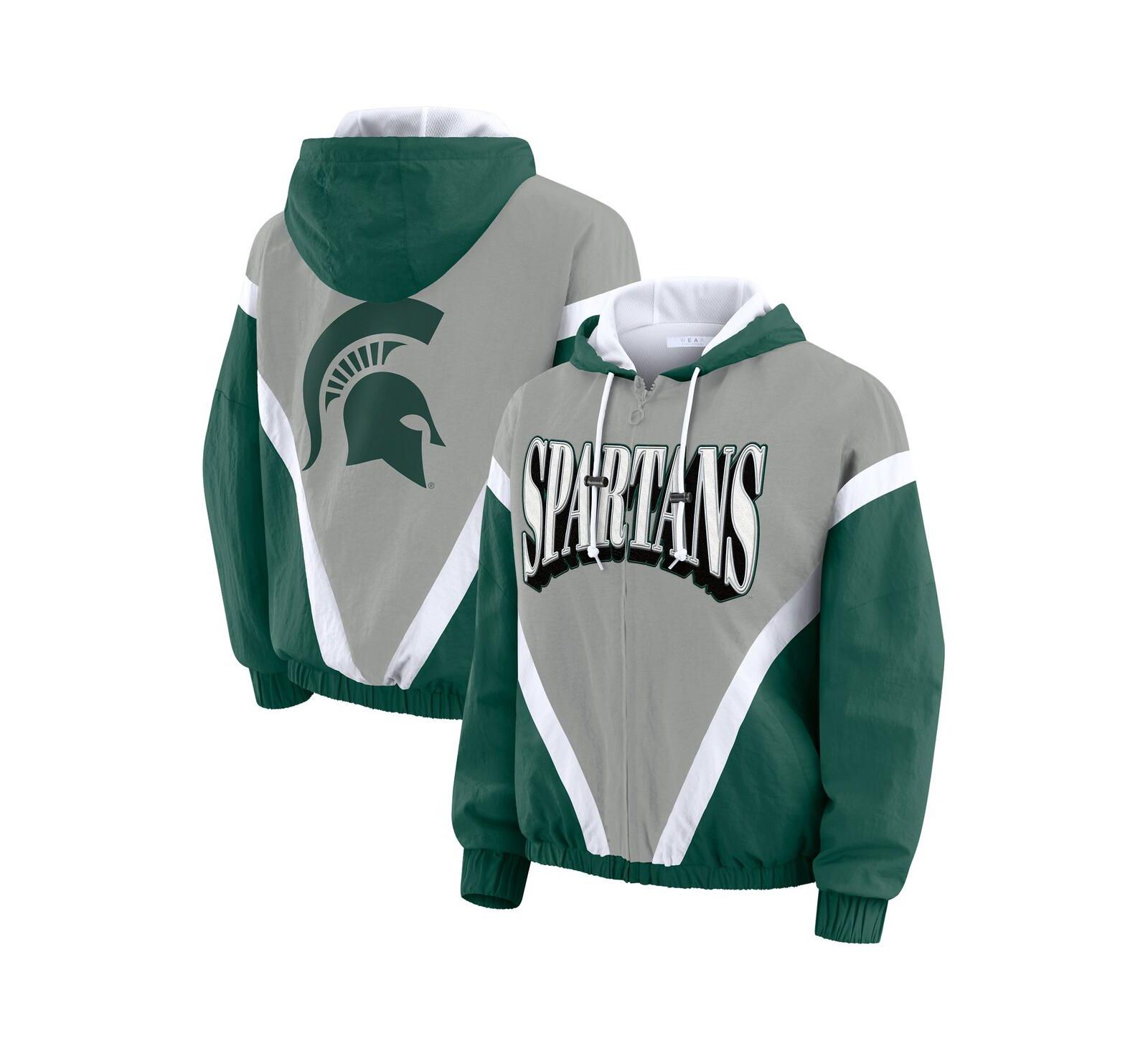 WEAR by Erin Andrews Women's Green/Gray Michigan State Spartans Color Block Full-Zip Hoodie Windbreaker Jacket