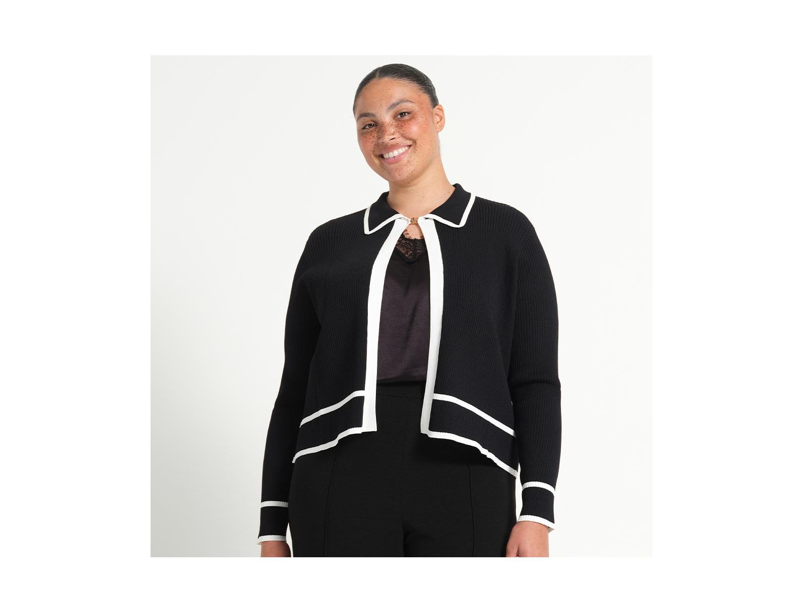 ESTELLE Women's Gracie Contrast Ribbed Collared Long Sleeve Cardigan